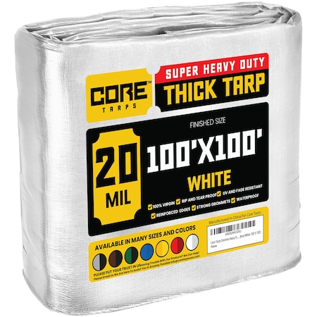 Core Tarps Heavy Duty Tarp, 100 ft L x 0.5 mm H x 100 ft W, 20 Mil, White, Polyethylene CT-704-100X100